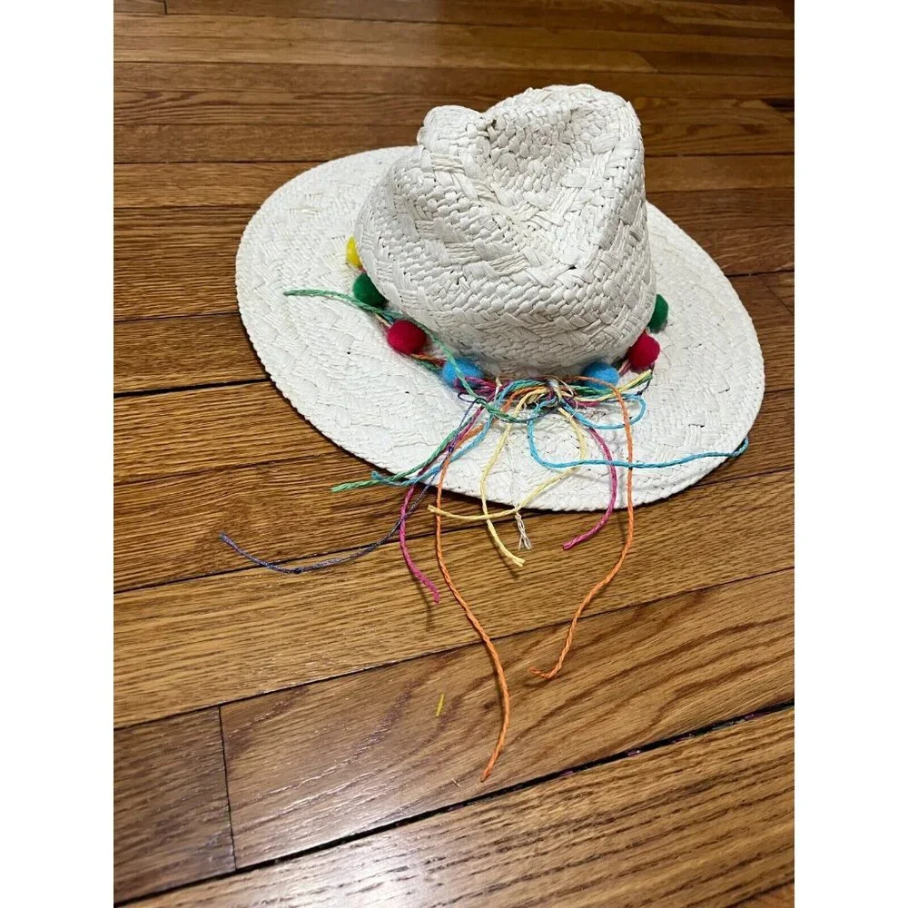 Betsey Johnson Straw Sun Hat Colorful Rainbow Trim One Size Cap Ivory EUC - Picture 2 of 11